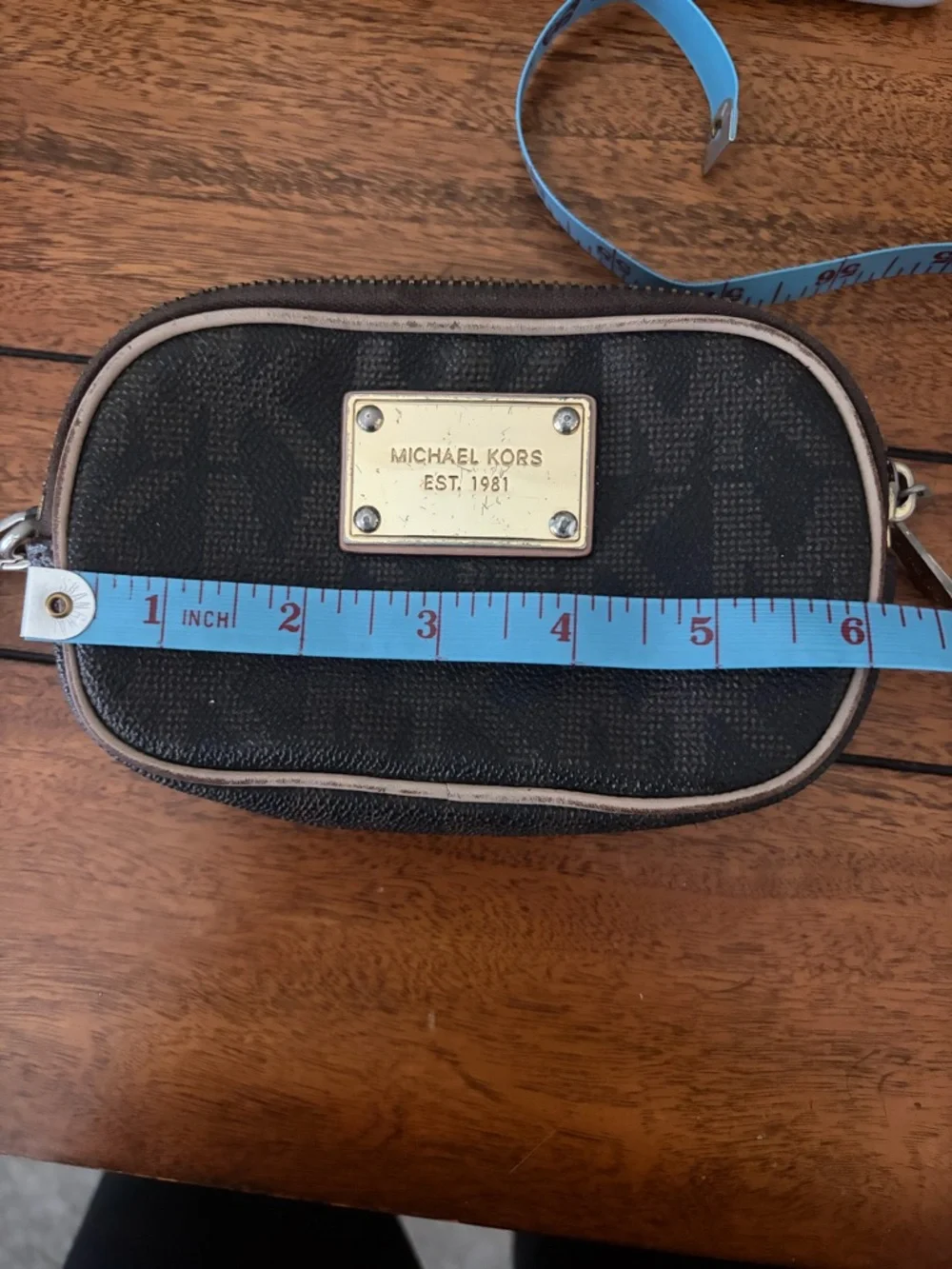 Michael Kors Brown MK Logo Wristlet with Gold Plate
